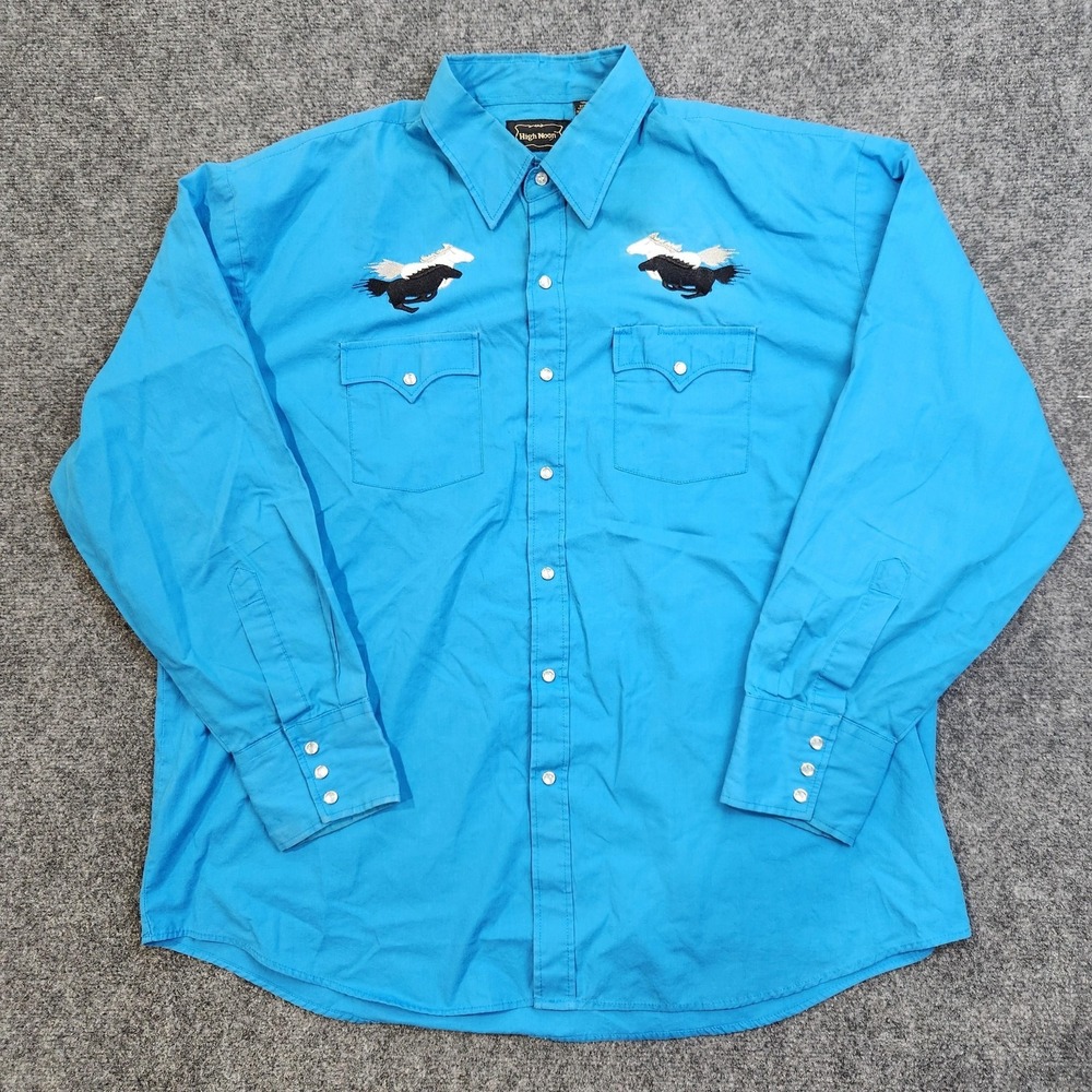 High Noon Shirt Mens XL Blue Pearl Snap Long Sleeve Western Embroidered Horse